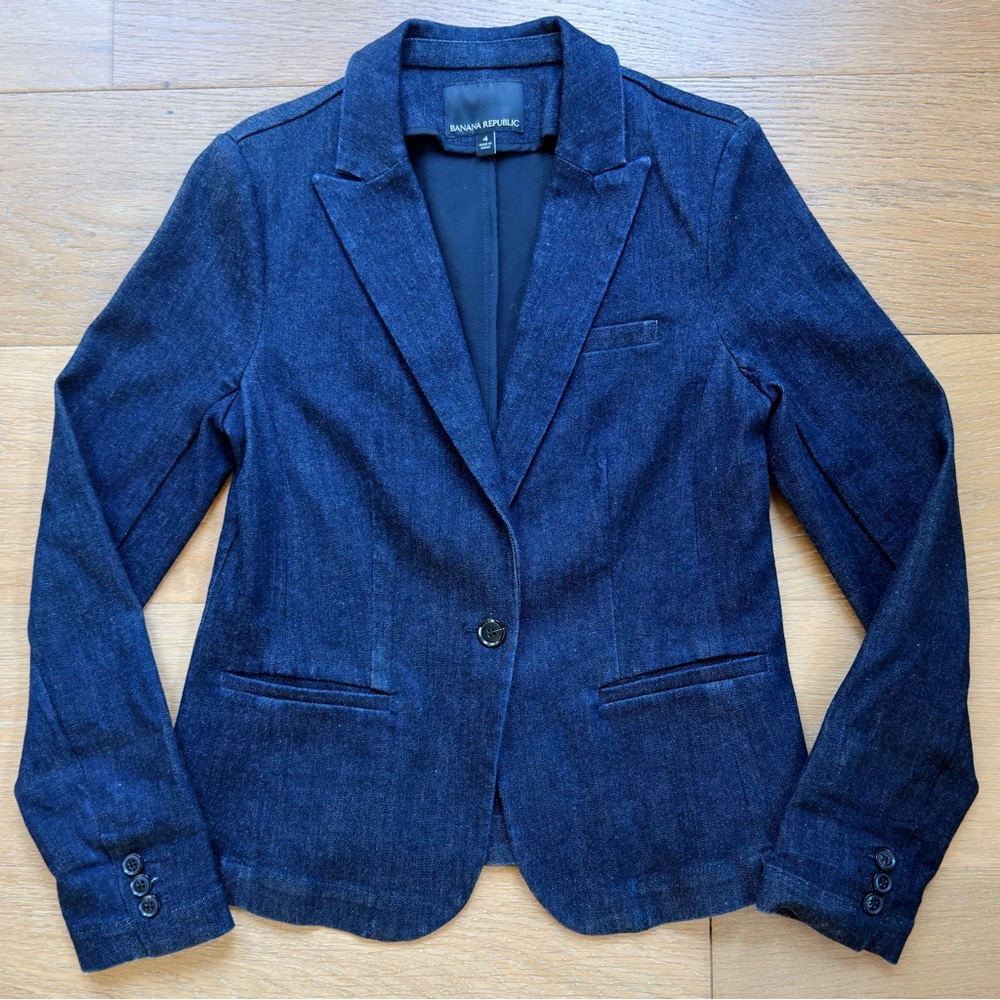 Banana Republic Denim Blazer Academia Preppy Fitted Dark Indigo Women's XS EUC